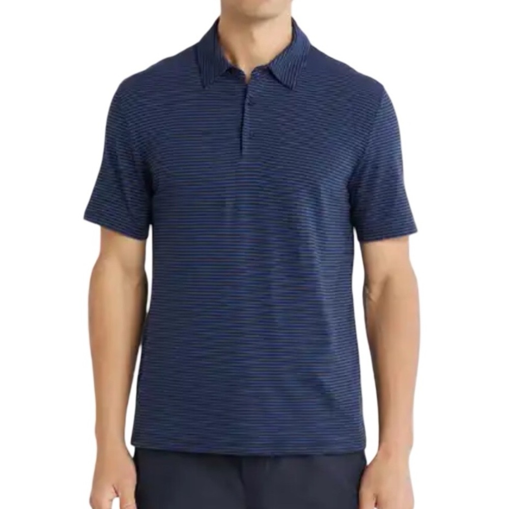 Vince Men’s Navy Black Striped Polo Shirt 100% Cotton Short Sleeve Size Large